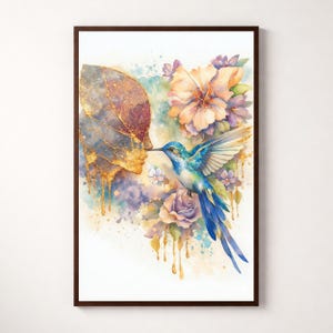 Kintsugi Kolibri Wandkunst Druck, Blumen Aquarell Porträt, Gold Crack Healing Decor