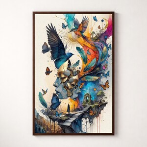 Surreale Kintsugi Frau, Wandkunst mit Vögeln und Schmetterlingen, Fantasy Print