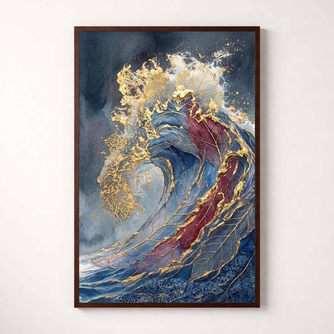 Abstract Ocean Wave Wall Art, Navy Blue Watercolor With Gold Leaf ...