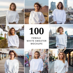 100 Images | Female White Sweatshirt Mockup Bundle | Instagram Influencer Lifestyle Photography | Mockup Models | Digital Sweatshirt Mockups