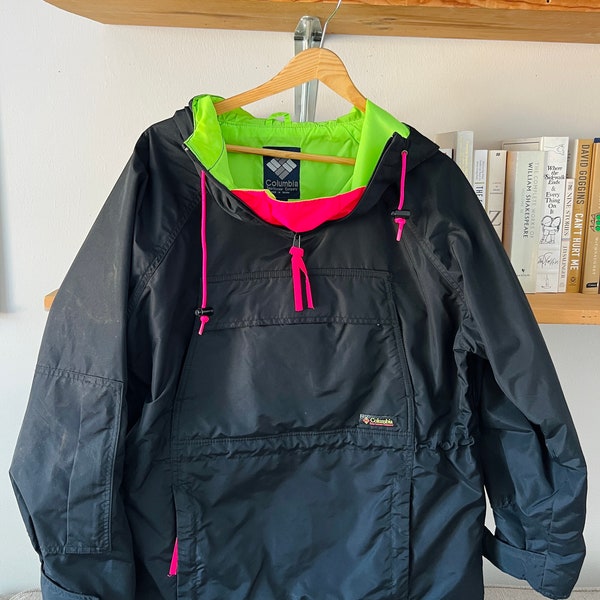 Vintage Columbia Black and neon pink and green windbreaker with neon strings and multiple pockets