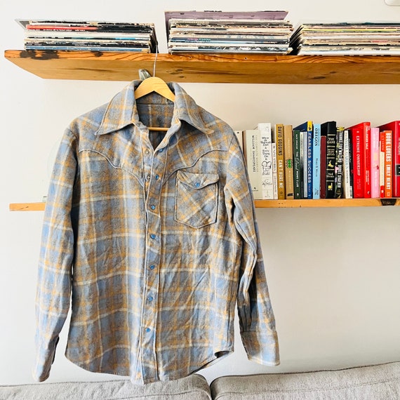 vintage pale blue, cream and yellow wool shirt wi… - image 1