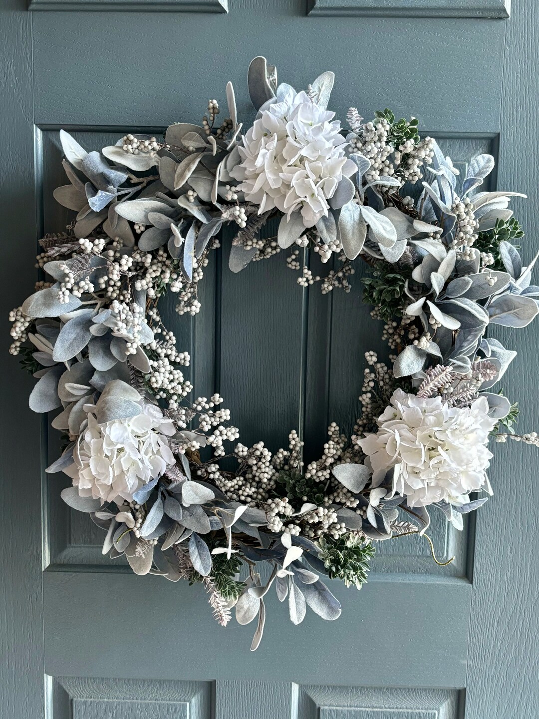 Blue Lambs Ear Wreath, White Hydrangeas and Mixed Greenery, Birthday