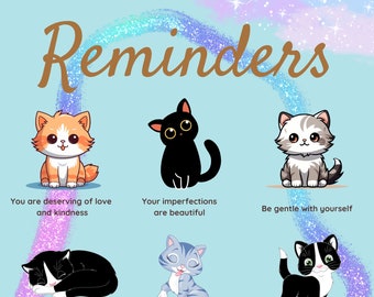 Wellbeing Reminders Wall Art Poster |Therapist Office Counselor Wall Decor Mental Health Affirmations Kitty Print | Positive Affirmations