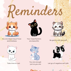 Mental Health Wellbeing | Gentle Reminders Wall Art Poster Therapist Office Counselor Wall Decor Mental Health Affirmations Kitty Print