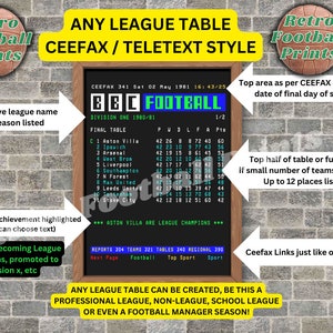ANY League Table in CEEFAX / TELETEXT style art print A3/A4 - Personalised Football Nostalgia Gift for him. Digital Download Poster