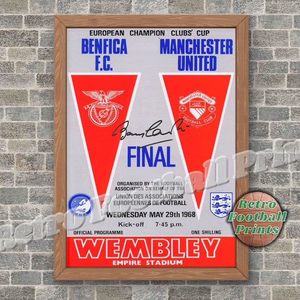 SIGNED 1968 European Cup Final Programme themed art print A3/A4 - Bobby Charlton, Man Cave, Football Gift for him. Digital Download Poster