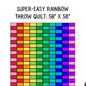 May include: A diagram showing how to make a rainbow throw quilt. The quilt is 50 inches by 58 inches. The diagram shows a grid of squares in pink, red, orange, yellow, green, blue, purple, and pink.