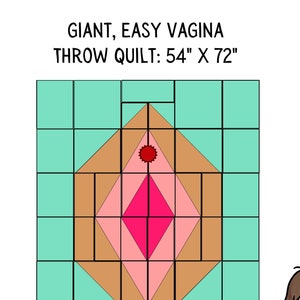 May include: A quilt pattern diagram with a diamond shape in the center. The diamond is made up of brown, pink, and red fabric. The background is a light blue color. The text "GIANT, EASY VAGINA THROW QUILT: 54" X 72" is at the top of the image. The text "sloppyquilter.com" is on the right side of the image.