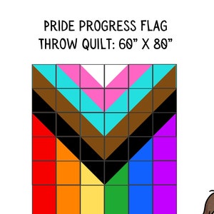May include: A Pride Progress Flag quilt pattern with a rainbow design and a brown, black, light blue, pink, and white triangle at the top. The quilt is 60 inches by 80 inches.