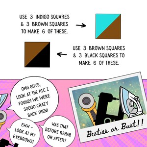 May include: A comic strip with a colorful background and text that reads "Besties or Bust!"  The comic strip features two squares, one with a brown and black diagonal split and the other with a brown and turquoise diagonal split. The comic strip also features a speech bubble with the text "OMG GUYS, LOOK AT THE PIC I FOUND! WE WERE SOOOO CRAZY BACK THEN!"