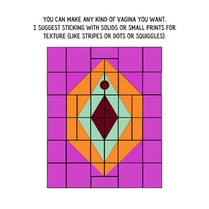 May include: A geometric design with a diamond shape in the center. The diamond is burgundy with a light green background. The diamond is surrounded by orange triangles and a pink background. The design is outlined in black.