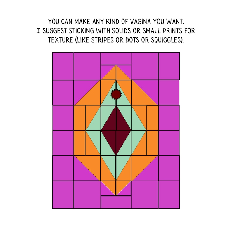 May include: A geometric design with a diamond shape in the center. The diamond is burgundy with a light green background. The diamond is surrounded by orange triangles and a pink background. The design is outlined in black.