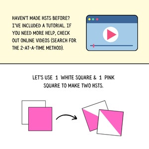 May include: A diagram showing how to make two origami HSTs (half square triangles) using one white square and one pink square. The diagram shows the squares being folded and cut to create the HSTs.