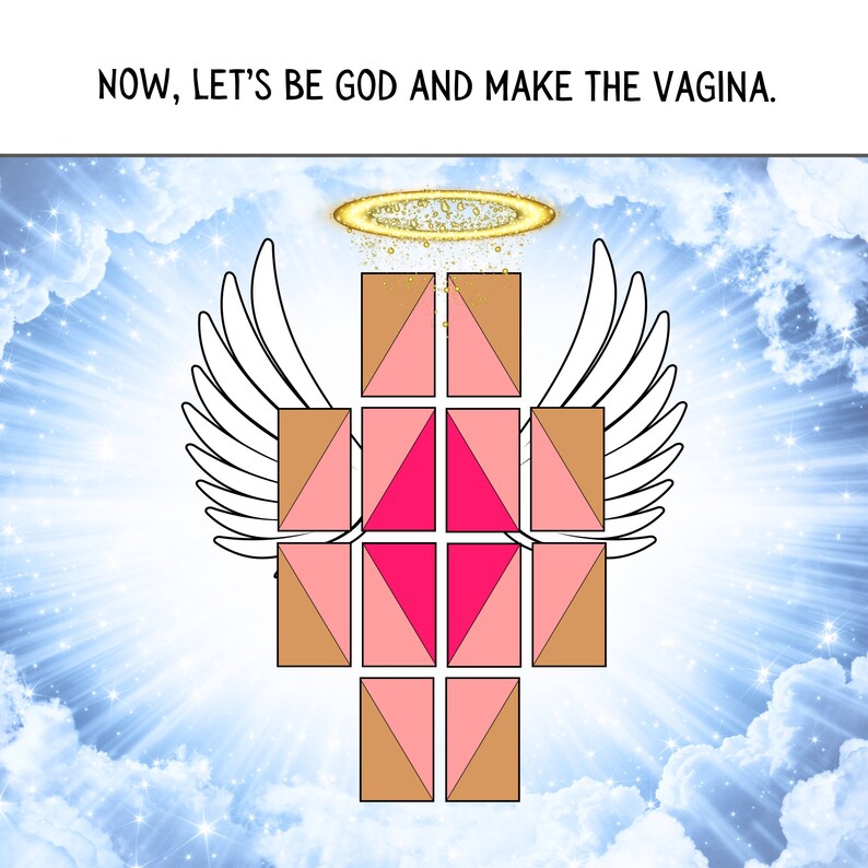 May include: A digital illustration of a cross made of squares and triangles. The cross is pink, brown, and white. The cross is surrounded by a halo and angel wings. The text "NOW, LET'S BE GOD AND MAKE THE VAGINA." is at the top of the image.