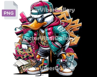 May include: A cartoon duck wearing a red, blue and green jacket with a red and white baseball cap. The duck is wearing trainers and has sunglasses on. The duck is standing in front of a graffiti wall.
