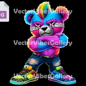Neon Graffiti Teddy Bear PNG, Streetwear Hip Hop Bear Clipart, Urban Cool Teddy Digital Download, Trendy Fashion Bear Sublimation Design