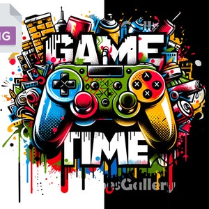 Op de afbeelding: Een kleurrijke illustratie van een videogamecontroller met de woorden "GAME TIME" in graffiti-stijl. De achtergrond is gevuld met kleurrijke verfspatten en urbane elementen.