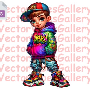 Cooler Urban Boy png, digitales hip hop Sublimationsdesign, Digitalables für Kinder, Vektorkarikatur transparenten Hintergrund, sofortiger Download
