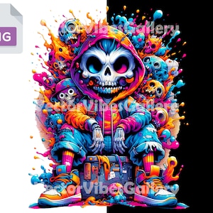 Streetwear Colorful Skull Boy Png, Urban Sublimation Design, Graffiti Clipart, Hip Hop Skeleton T&#39;shirt, Transparent Background, 300 DPI