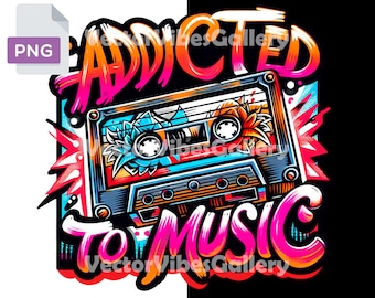 May include: A colorful graphic design featuring a cassette tape with the text "Addicted to Music" in a bold, graffiti-style font. The design is set against a black and white background with splashes of color.