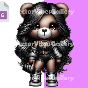 Luxury Streetwear Black Teddy Bear PNG, Glam Fashion Bear Clipart, Cute Teddy Digital Download, Black Hair Design, Stylish Bear Sublimation