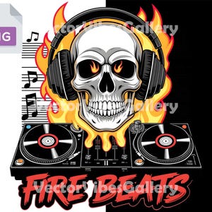 Fire Beats Graffiti PNG, Hip-Hop Skull with Headphones & Flames, Urban Streetwear Digital Design for T-Shirts, Cool Music-Inspired Clipart