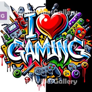 I Love Gaming Png, Urban Sublimation Design, Colorful Graffiti Clipart, Games Lover Shirt, Gamer DTF File, Transparent Background, 300 DPI