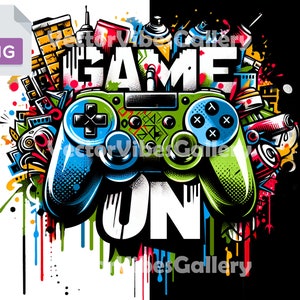 May include: A vibrant graphic design featuring a green and blue video game controller with the words "GAME ON" in bold white letters. The design incorporates colorful graffiti-style elements and the text "Vector Vibes Gallery".