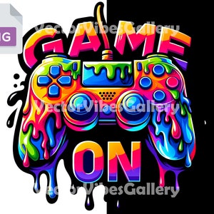 May include: A colorful, dripping game controller with the words "GAME ON" in a rainbow font. The controller is a popular gaming device.