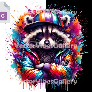 Streetwear kleurrijke wasbeer png, stedelijk sublimatieontwerp, esthetische vectorillustraties, transparante achtergrond, digitale instant download