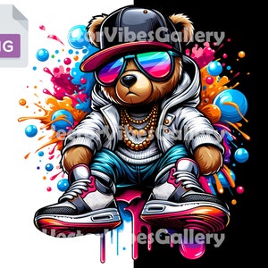 May include: A cartoon teddy bear wearing a white jacket, blue jeans, a black and white baseball cap, and sunglasses. The bear is sitting on a colorful background with paint splatters and bubbles.