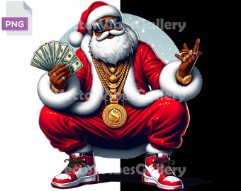 Hip Hop Black Santa PNG, Bling Gold Clipart (Digital Download)