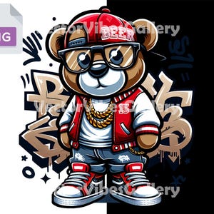 Cute Graffiti Teddy Bear Png, Urban Graphic Sublimation Design, Vector Hip Hop poster, Transparent Background, Digital Instant Download