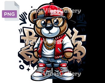 May include: A cartoon teddy bear wearing a red and white baseball cap with the word "BEER" on it, red and white jacket, gold chain, blue jeans, and red and white sneakers. The bear is wearing sunglasses and has a graffiti background.