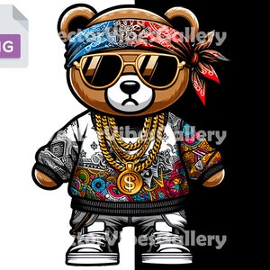 Cute Streetwear Hip Hop Teddy Bear Png, Urban Sublimation Design, Hip Hop DTF File for Shirt, Transparent Background, Instant Download