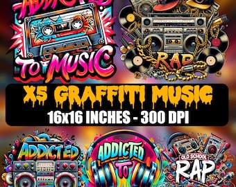 May include: Five digital art prints featuring graffiti-style designs with the text "Addicted to Music" and "Rap". The prints are 16x16 inches and 300 DPI.