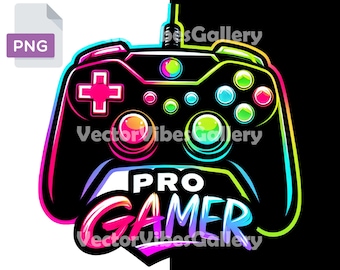 Black Pro Gamer PNG, Neon Gaming Controller Design (Digital Download)