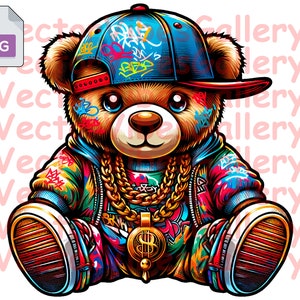 Cute Gangster Teddy Bear Png, Urban sublimation design, Streetwear Printable Clipart, Digital Vector, Instant download