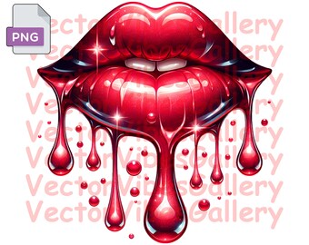 May include: Red glossy lips with dripping red gloss. The gloss is dripping down in thick, shiny drops.