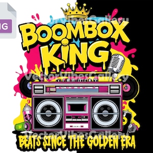 Boombox King retro hiphop png, jaren 80 rap vintage boombox digitale download, old school graffiti hiphop clipart voor T-shirts en merchandise