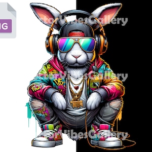 Buntes Häschen mit Sonnenbrille Png, Urban Sublimation Design, Rap Musik Graffiti Clipart, DTF-Datei, transparenter Hintergrund, 300 DPI
