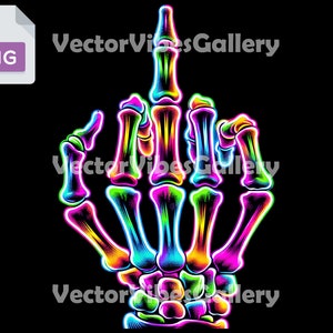 Bunter Neon-Skelett Mittelfinger Png, Urban Graphic Sublimation Design, Transparenter Hintergrund, DTF-Datei, Digital Sofort Download