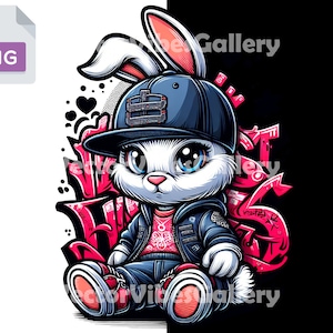 かわいいグラフィティバニーPNG、アーバン昇華デザイン、キッズベクターシャツ、DTF、DTG、ヒップホップクリップアートポスター、透明背景、300 DPI