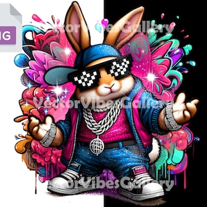Streetwear glitzernder Retro Hase Png, Urban Pink Sublimationsdesign, lebendige Farben Graffiti Digital Clipart, transparenter Hintergrund, DTF-Datei