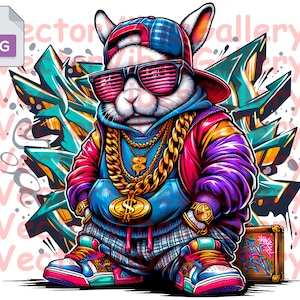 Graffiti Bunny Design Png, Streetwear Sublimationsdesign, Urban Rabbit Clipart, transparenter Hintergrund, sofort Download