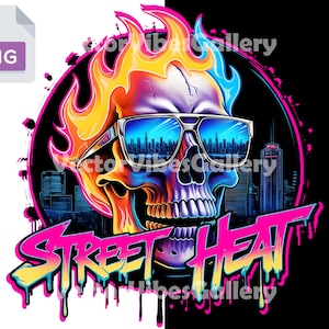 Street Heat PNG, Cartoon Flaming Skull T-shirt afbeelding, edgy streetwear clipart, gedurfd vuurschedel ontwerp voor sublimatie, instant download