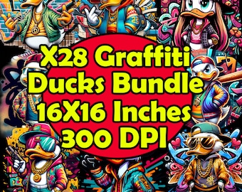 May include: A set of 28 digital illustrations of graffiti ducks. Each duck is wearing different clothing and accessories, and is set against a colourful graffiti background. The text "X28 Graffiti Ducks Bundle 16X16 Inches 300 DPI" is displayed in the centre of the image.