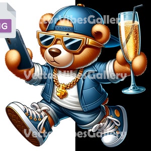 Celebrating Streetwear Teddy Bear Png, Urban Sublimation Design, Celebrate Theme, DTF For T-shirt and Hoodie, Digital Instant Download