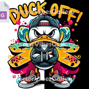 ダックオフ！ストリートウェアダックPNGデザイン、Tシャツ、パーカー、アパレル、ヒップホップポスター用の漫画グラフィティスタイルのアーバンクリップアート、デジタルダウンロード
